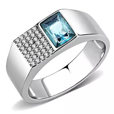 Mens Blue Topaz Ring Signet Pinky Cz Blue Silver Stainless Steel 3 Carat 287 • £20.99