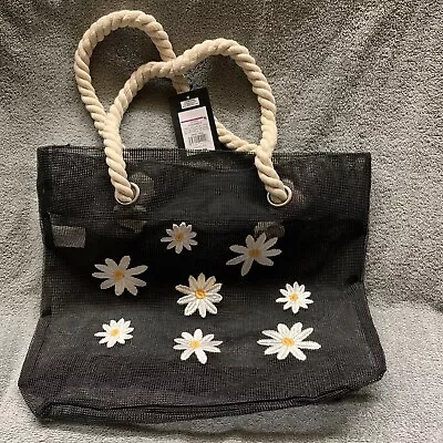 NEW Black Mesh Beach Bag Tote Art Class Brand Daisies On Front Lightweight • $9.99