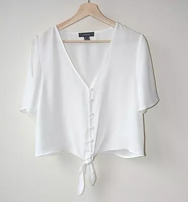 £6 • Buy Off White V-Neck Short Flutter Sleeve Button Up Tie Front Top/Blouse Size 4-16