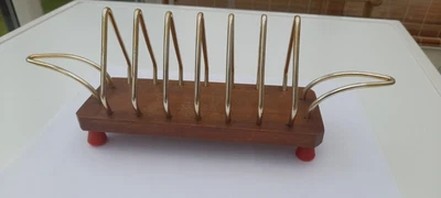 £4.99 • Buy RETRO 1960s WYNCRAFT WOODEN TOAST RACK- GOLD COLOURED METAL + RED PLASTIC FEET