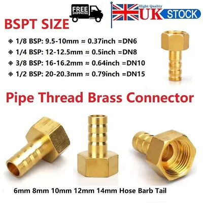 2PC Brass BSP 1/8 1/4 3/8 1/2 Female Thread *OD 6mm 8mm 10mm 12mm 14mm Barb Tail • £4.96