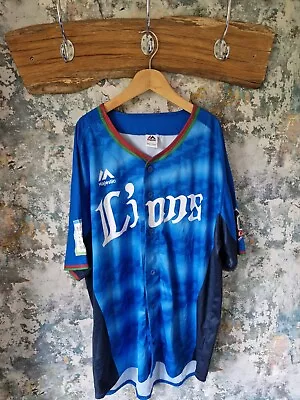 Mens Majestic Athletic Japanese Blue Lions Graphic Print Sports Baseball Jersey • £13.99