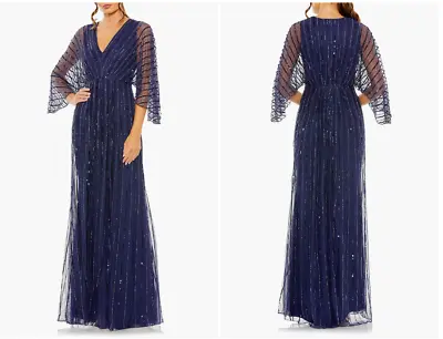 MAC DUGGAL 93841 BEADED STRIPE MESH A-LINE KIMONO SLEEVE V-NECK NAVY GOWN Sz 24 • $215.99