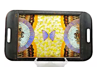 Vintage Midcentury Butterfly Wing Tray Wooden Handles Yellow Purple Orange • $39.98