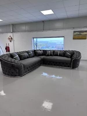 Khalifa | Chesterfield Large Corner Sofa | 2C2 | Dark Grey | Silver Trims  • £1699.99