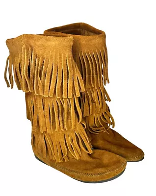 Minnetonka Womens Size 8 Brown Suede Fringe Mid Calf Fashion Boots • $19