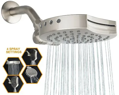 $21.99 • Buy 6  Inch High Pressure 4-Settings Rain Shower Head Fixed Waterfall Brushed Nickel