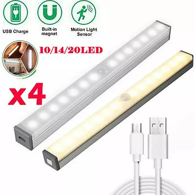 £4.91 • Buy 4X Rechargeable LED PIR Motion Sensor Light Strip Wireless Cabinet Closet Lamp