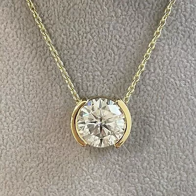 Round Cut Moissanite Half Bezel Wedding Pendant 18  Chain 14K Yellow Gold Plated • $134.39