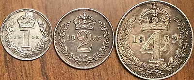 1902 GREAT BRITAIN MAUNDY SILVER PENNY TWOPENCE FOUR PENCE - Lot Of 3 Coins • $136.39