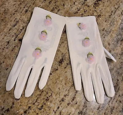 New! Lady Elaine Stretch Gloves Nylon One Size Vintage 60s 3D Pink Rose Detail • $28