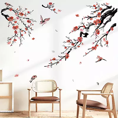 Watercolor Flower Tree Branch Wall Stickers Blossom Red Floral Birds Peel And St • $23.32