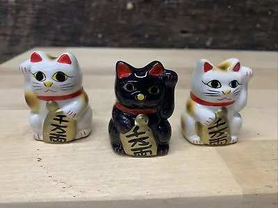 Vintage Lucky Cat Japanese Maneki Neko Black White Set Of 3 Miniatures • $49.99