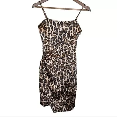 Satin Animal Print Dress XS Leopard Faux Wrap Pleated Square Neck Party Mob Wife • $19.94