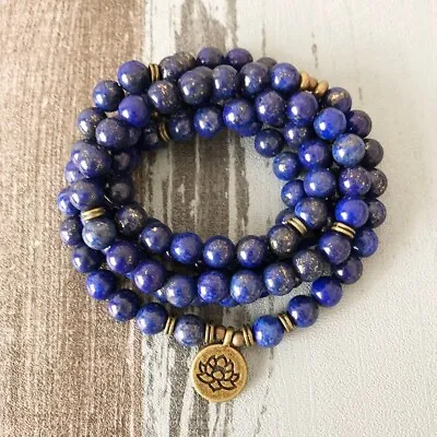 108 Mala Beads Natural Lapis Lazuli Stone Beaded Necklace Lotus Charm Necklace • $15.90