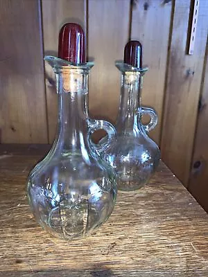 VINTAGE GLASS OIL And VINEGAR DECANTERS WITH Red Plastic CORK STOPPERS • $24.99