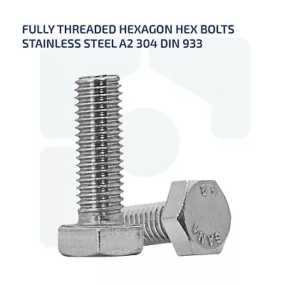 M6 M8 M10 Fully Threaded Hex Head Set Screws Bolt Stainless Steel A2 - Din 933 • £1.23