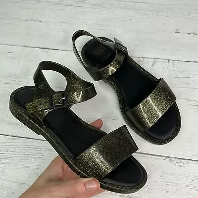 Mini Melissa Black Glitter Flat Sandals In Kids Youth Girls Size 2 • $18