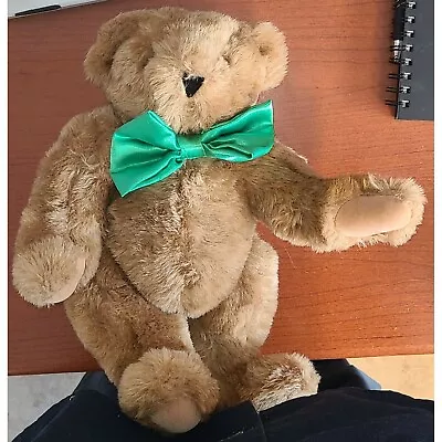 Vermont Teddy Bear Posable Plush Stuffed Animal With Green Bow Tie 15  Height. • $9.50