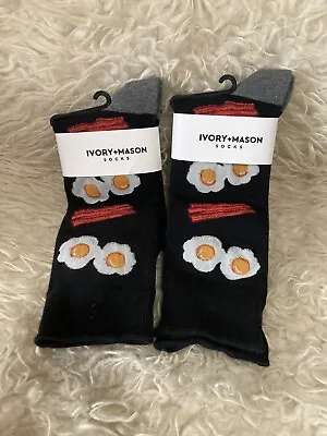 Men’s Socks Mason + Ivory Black Bacon Eggs Novelty Breakfast 10-13 NWT Lot • $19.99