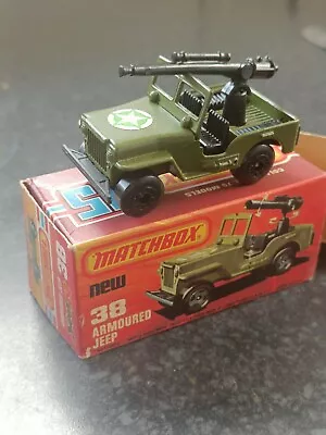 Matchbox Superfast No38 Armoured Jeep - 1976 - Green - With Original Box (NOS) • £2.20