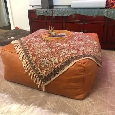 Moroccan Ottoman Goat Leather Footstool Pouffe Genuine Brown Handmade • $152