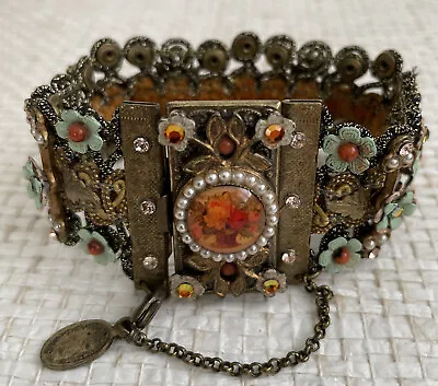 Michal Negrin Lace Bracelet AB Crystals Flowers Victorian Rose Cameo Cuff • $64.88