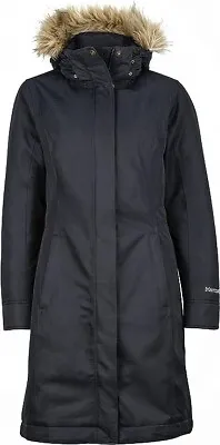 MARMOT Women's Chelsea Hooded Faux-Fur-Trim Coat Black Size L MSRP $380 • $169.18