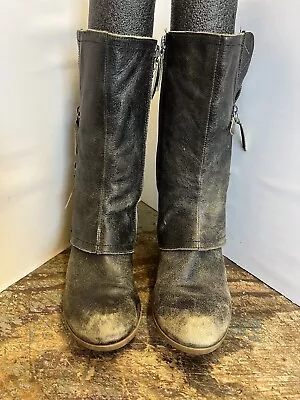 Matisse Grey Black Distressed Leather Boots Size 8M Moto Zipper Detailed. • $55.55