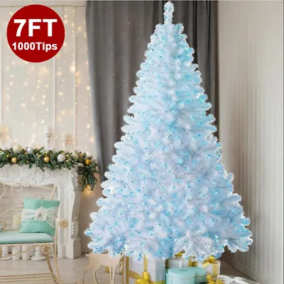 £40.99 • Buy 7FT Pre Lit White Christmas Tree W/ Blue LED Lights Metal Stand Artificial Xmas
