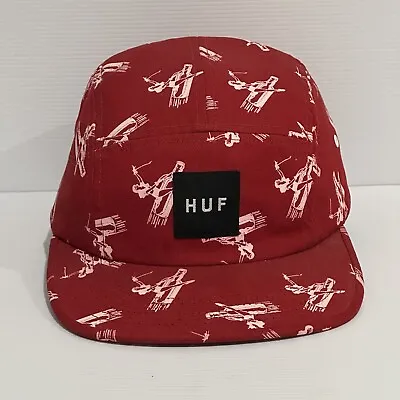HUF Worldwide Red 5 Panel Logo Hat Cap Whiskey Rider Adjustable Snap Buckle • $29.99