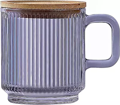 Glass Coffee Mug With Lid - Premium Classical Vertical Stripes Glass Tea Cup - F • $15.88