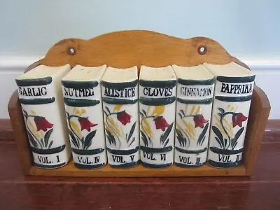 Vintage Ceramic Spice Jars Wood Hanging Rack Book Shelf  Japan Flowers SET OF 6 • $29.99