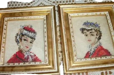 French Ladies Miniature Needlepoint Petit Point Pictures Gilt Wood Frames Pair • $63.65