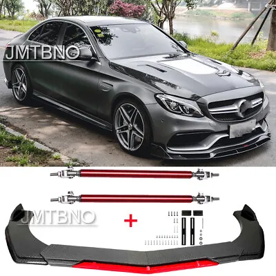 For Mercedes-Benz C200 C300 CLA250 Carbon Fiber /Red Front Bumper Lip+Strut Rods • $113.25