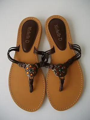 Michelle D Faux Stone Medallion Brown Leather Flat Sandal Boho 6M-6.5M? Brazil  • $10