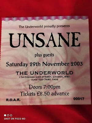 UNSANE Live Concert Ticket 29.11.2003 The Underworld London Karte Konzert Camden • £15.41