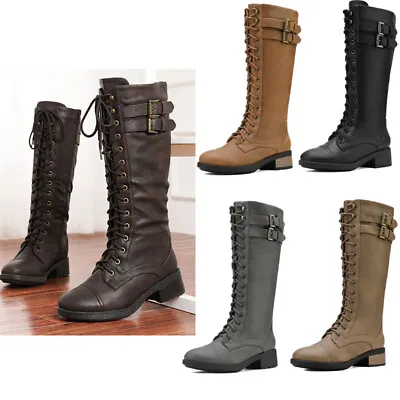 $67.99 • Buy Women Knee High Riding Boots Low Heel Lace Up Side Zipper Military Combat Boots