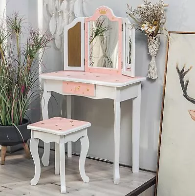 2 In 1 Wooden Princess Makeup Desk Girls Dressing Table With Mirror And Stool US • $71.99
