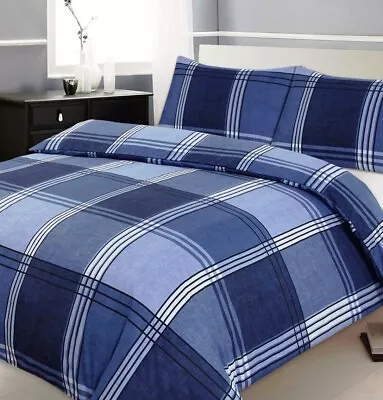 Hamilton Check Contemporary Blue Reversible Pillowcase Velosso Duvet Cover Set • £15.95