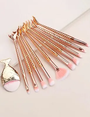 Makeup Brush Mermaid Set Bundle 11 Pcs Gold Peach Pink Face Powder Eye Brushes • $22.45