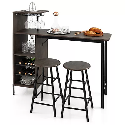 3pcs Bar Table And Chairs Set Industrial Pub Table & Stools W/6-Bottle Wine Rack • $129.99