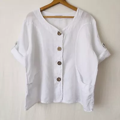 ITALIAN LINEN Womens White Button Up Blouse Shirt Roll Half Sleeves Size L / XL? • $38