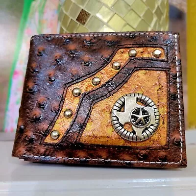 Texas Concho Mens Wallet Western Short Bifold Ostrich Pattern Brown Faux Leather • $19.95