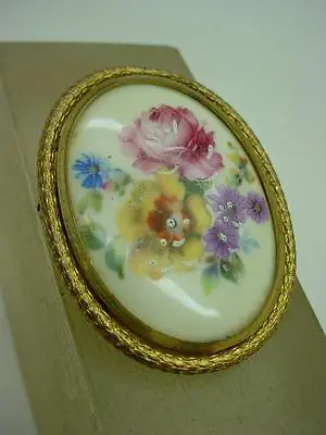 Vintage Limoges Porcelain Pin Brooch Oval Shape Flowers Marcel Chabrol Design • £19.99