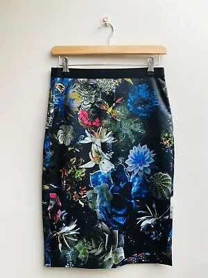 Marc Cain Black Tropical Floral Zip Back Pencil Skirt 10 Satin Blogger Designer • £15