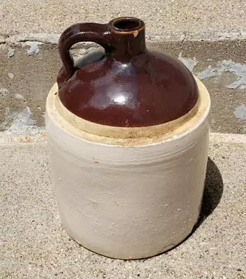 Antique One 1 Gallon Stoneware Pottery Crock Jug Brown And White • $25