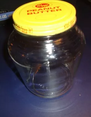 Vintage Kroger Peanut Butter Jar  KIDS LOVE IT  YELLOW LID Large Franklin Glass • $4