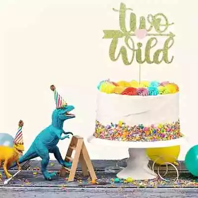 Two Wild Happy 2nd Birthday Cake Topper Gold Glitter Party Supplies Decorations • $9.95