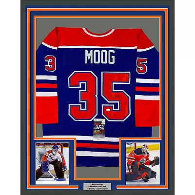 Framed Autographed/Signed Andy Moog 33x42 Edmonton Blue Hockey Jersey JSA COA • $399.99